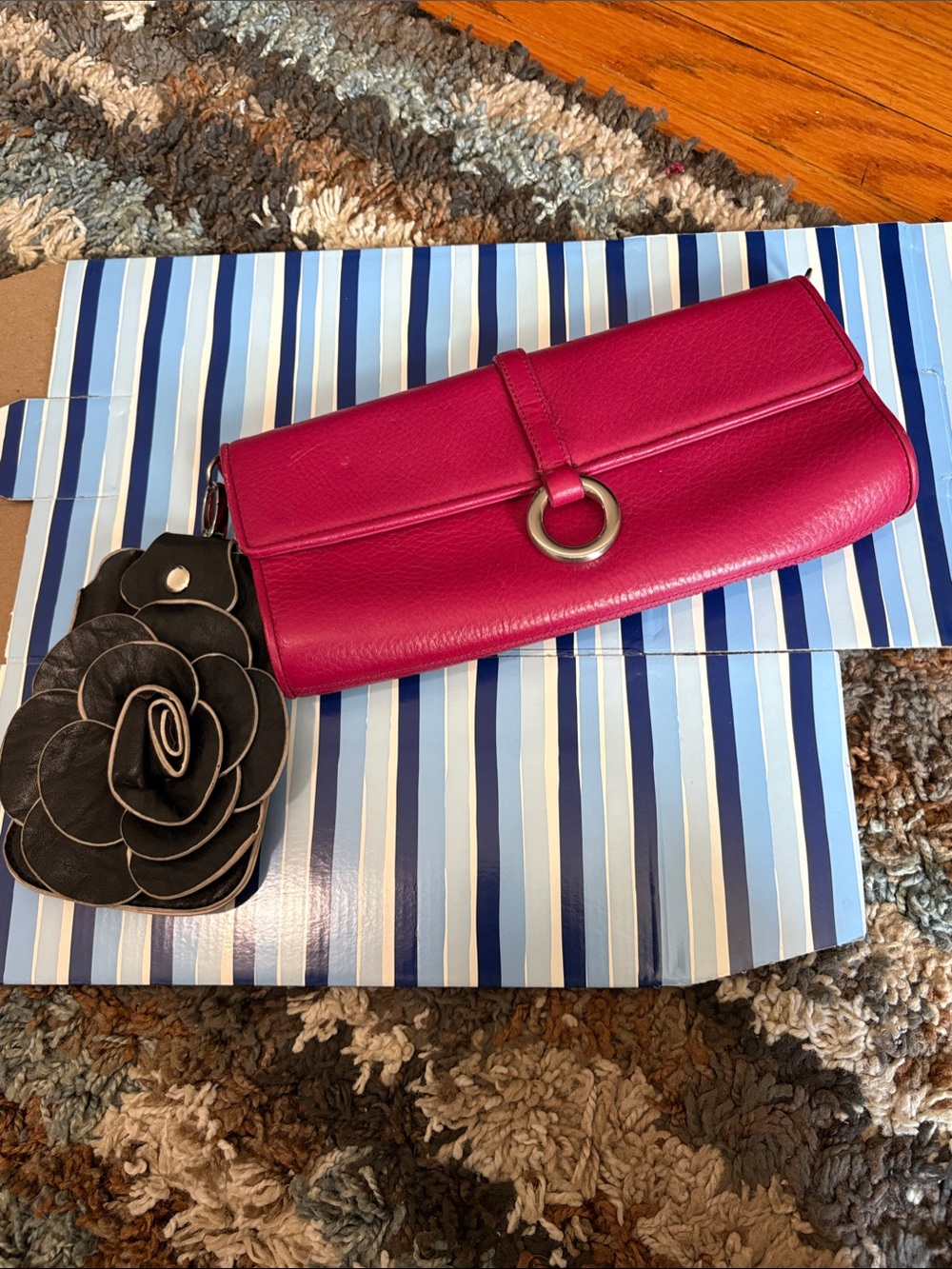 Anne Kline Fuchsia Leather Clutch Wallet purse. Plus black flower add on!